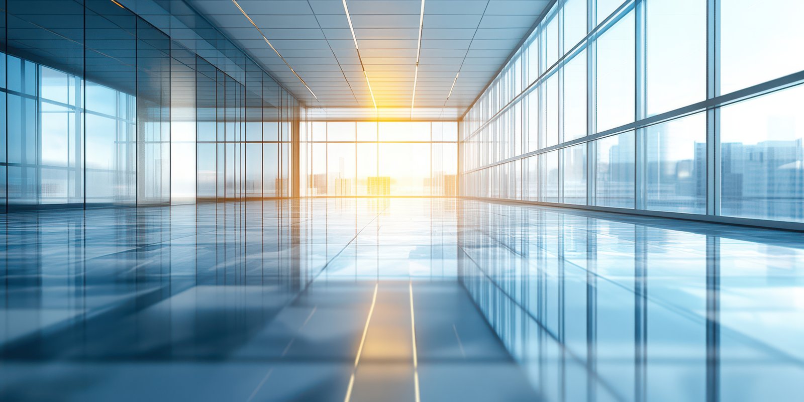 Bright sunlight illuminates an empty modern office space with large windows and polished floors at sunrise